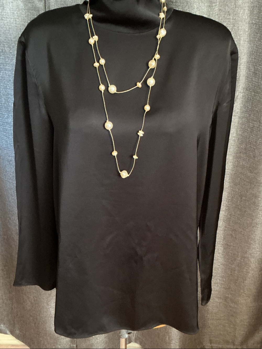 Zara Black Satin Mock-Neck Long-Sleeve Blouse